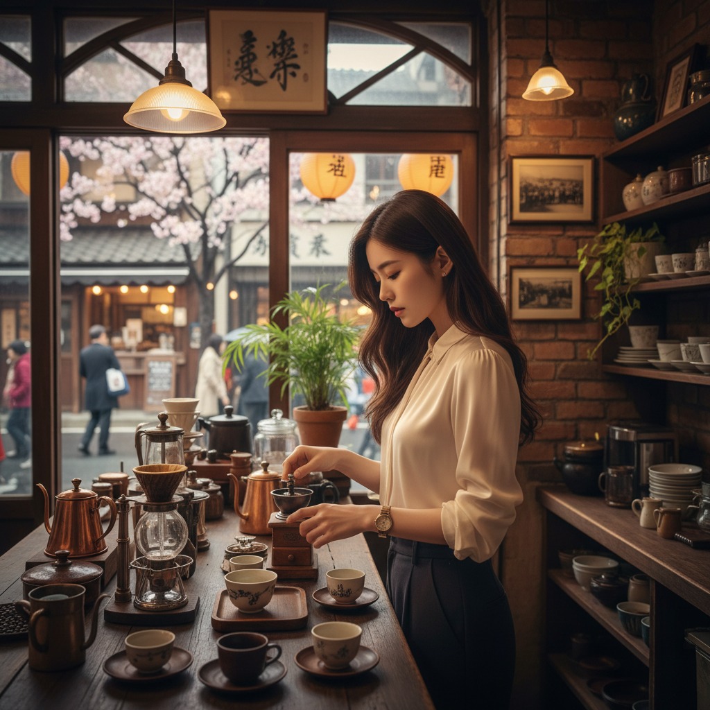 A young woman, long brunette hair, well dressed in classic piece, stand behind a vintage Japanese cafe counter, she's looking down busy behind the rustic counter.