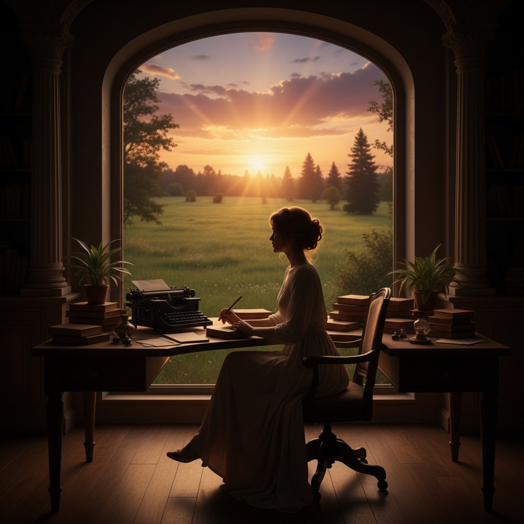 A silhouette of a woman, an author sitting on her desk, looking outside her office window, a green meadow and sunset outside.